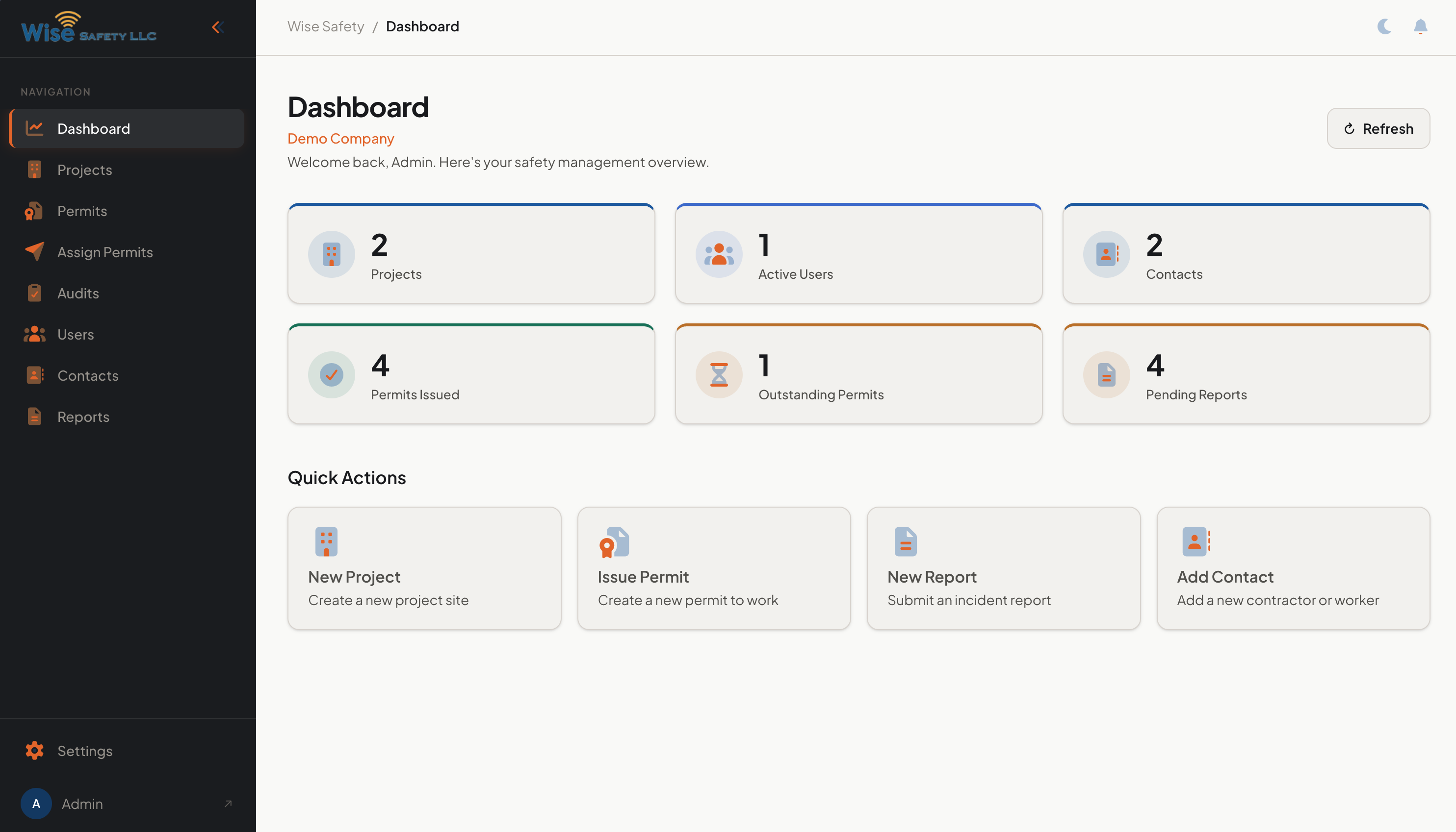 Wise Safety Dashboard — projects, users, permits, and reports at a glance